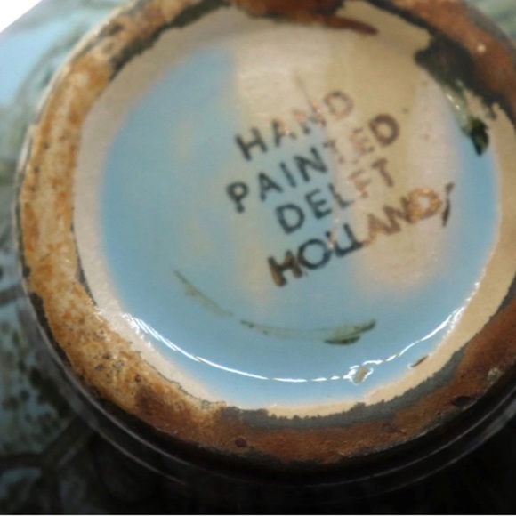 Mid Century Delft Holland Hand Painted Turquoise and Brass Gourd Pitcher Vase - Picture 5 of 5